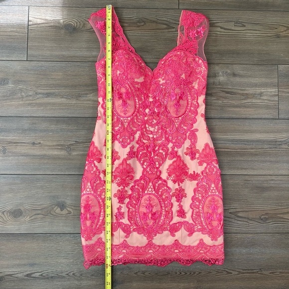 JVN by Jovani Bonny Dress Pink Crochet Lace Beige Sheer Cocktail Mini - Picture 8 of 13